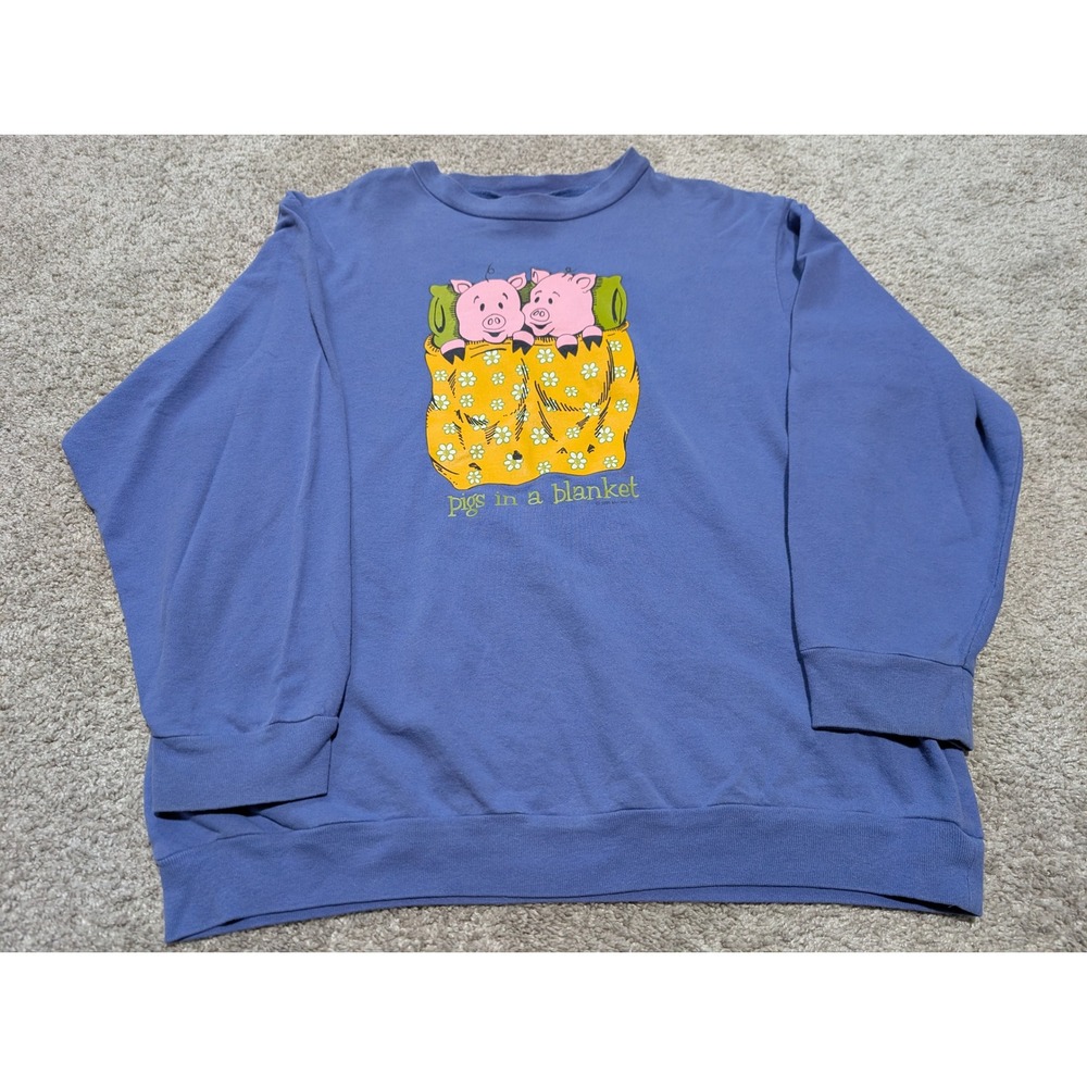Tea Party‎ Sweatshirt Women XL Blue Pigs in a Blanket Vintage 1998 Graphic Retro